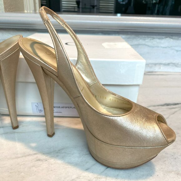 CASADEI Aluminum Caramel Peep Toe Platform Leather Heels Size 7-1/2 - Picture 8 of 9